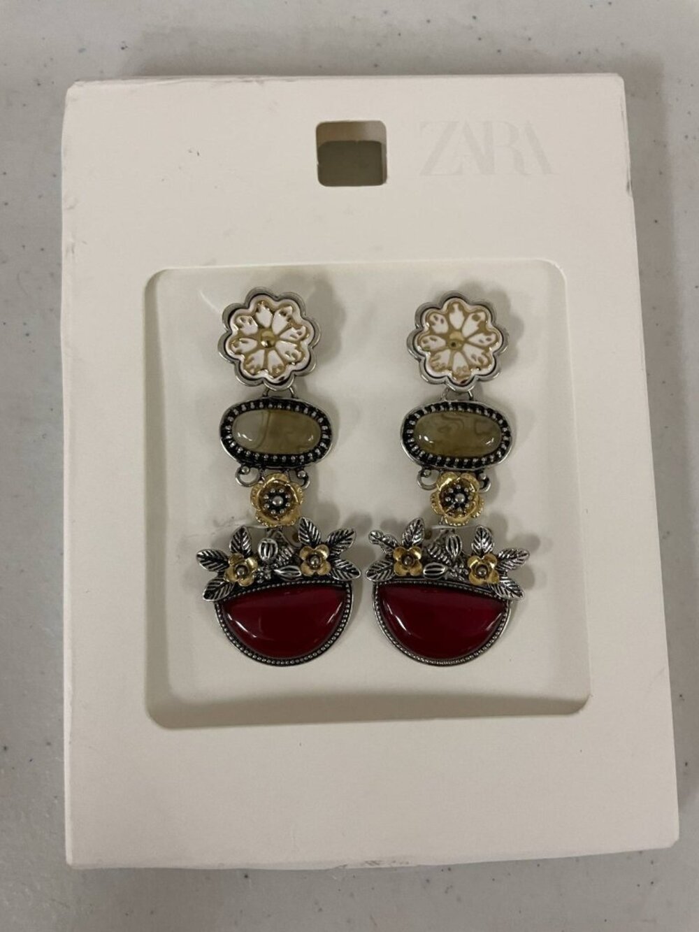 Zara Dangle Earrings stud Floral Multi-Stone Red Gold Silver Tone New